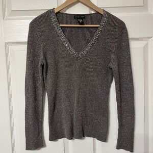 New York Company Womens V Neck Beaded Metallic Knit Sweater Size M